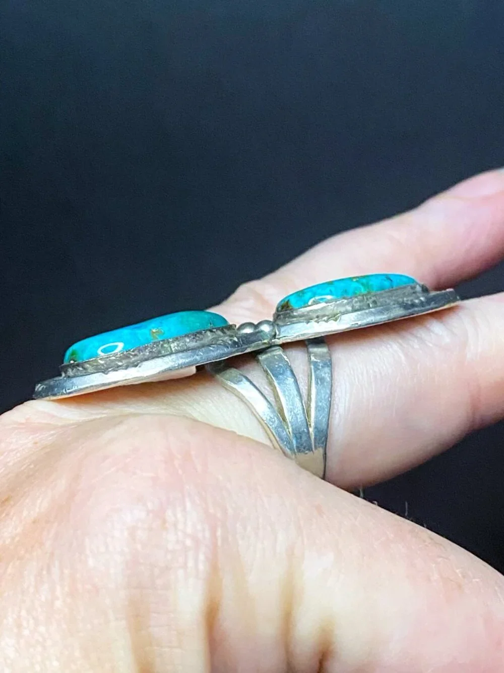 VINTAGE 1960's NATIVE AMERICAN TWO STONE TURQUOISE STERLING SILVER RING